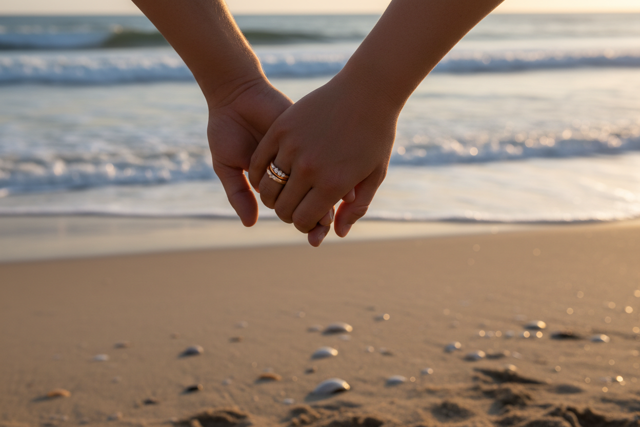 casala andando na praia de maos dados, foco da imagem nas mãos aparecendo os aneis