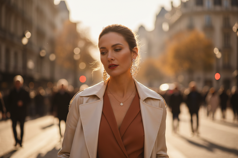 uma mulher no meio da cidade, com enfase em brincos